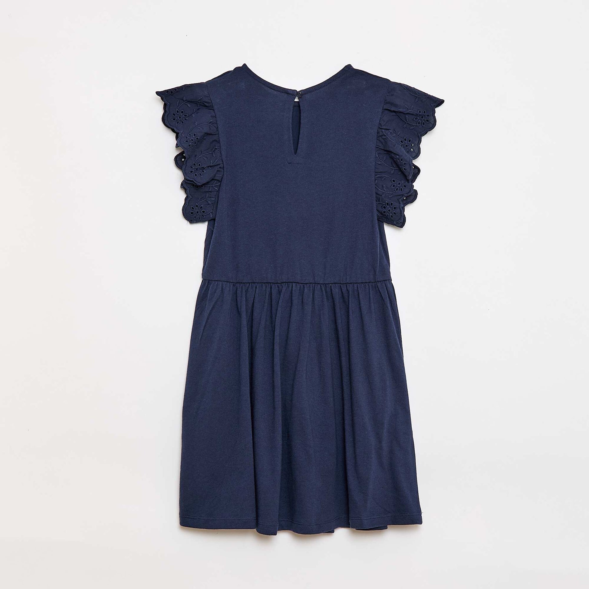 Jersey dress with short eyelet embroidery sleeves BLACK