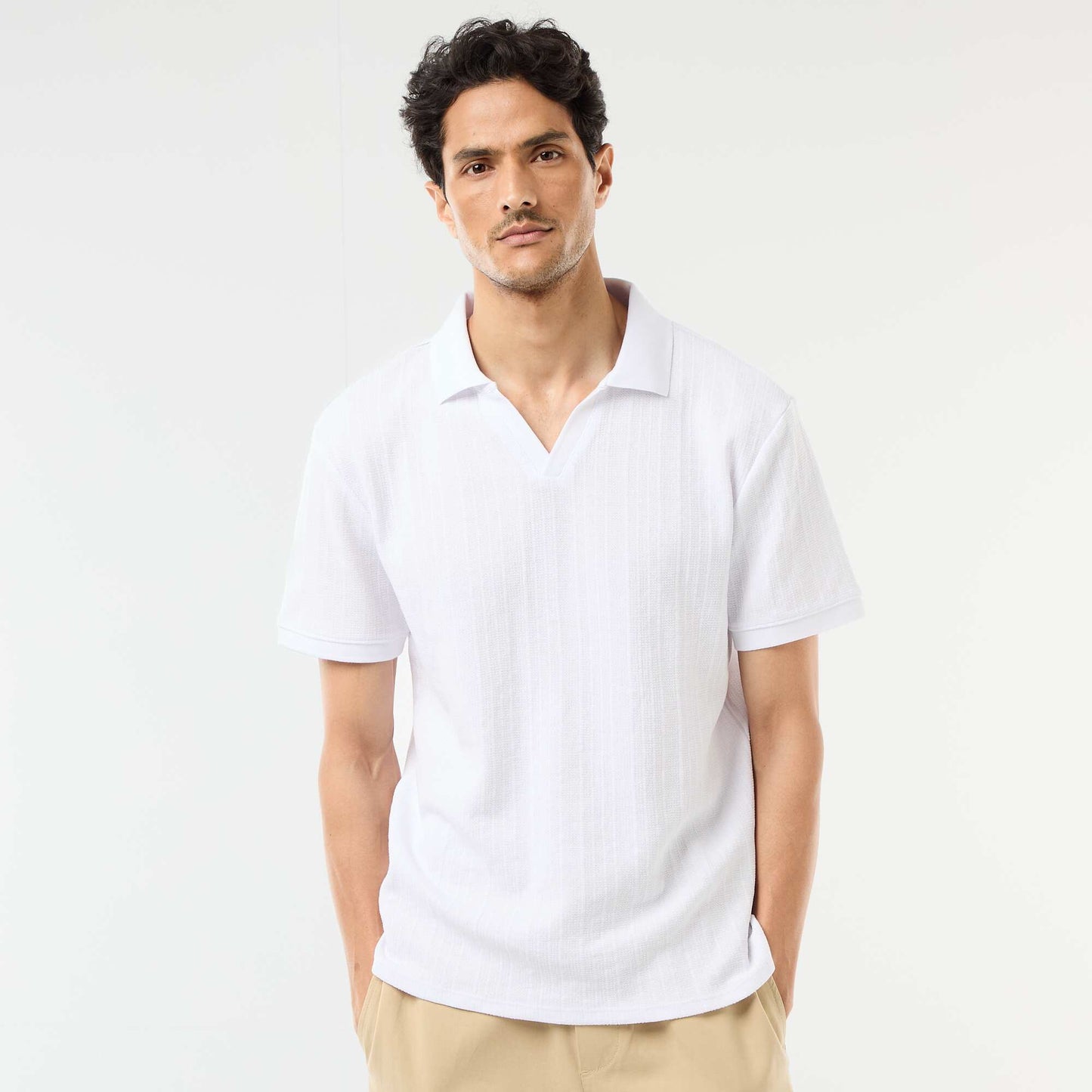 Honeycomb Knit Short-Sleeve Polo Shirt WHITE