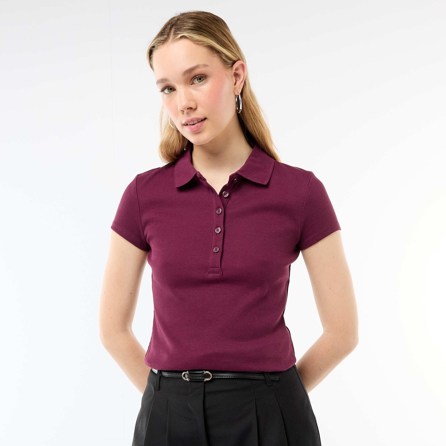 Ribbed Knit Short-Sleeve Polo Shirt PINK