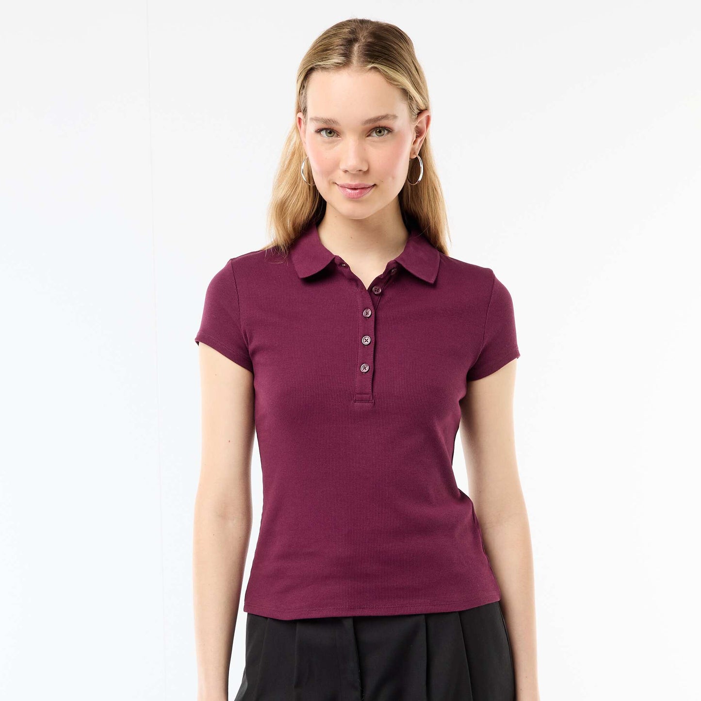Ribbed Knit Short-Sleeve Polo Shirt PINK