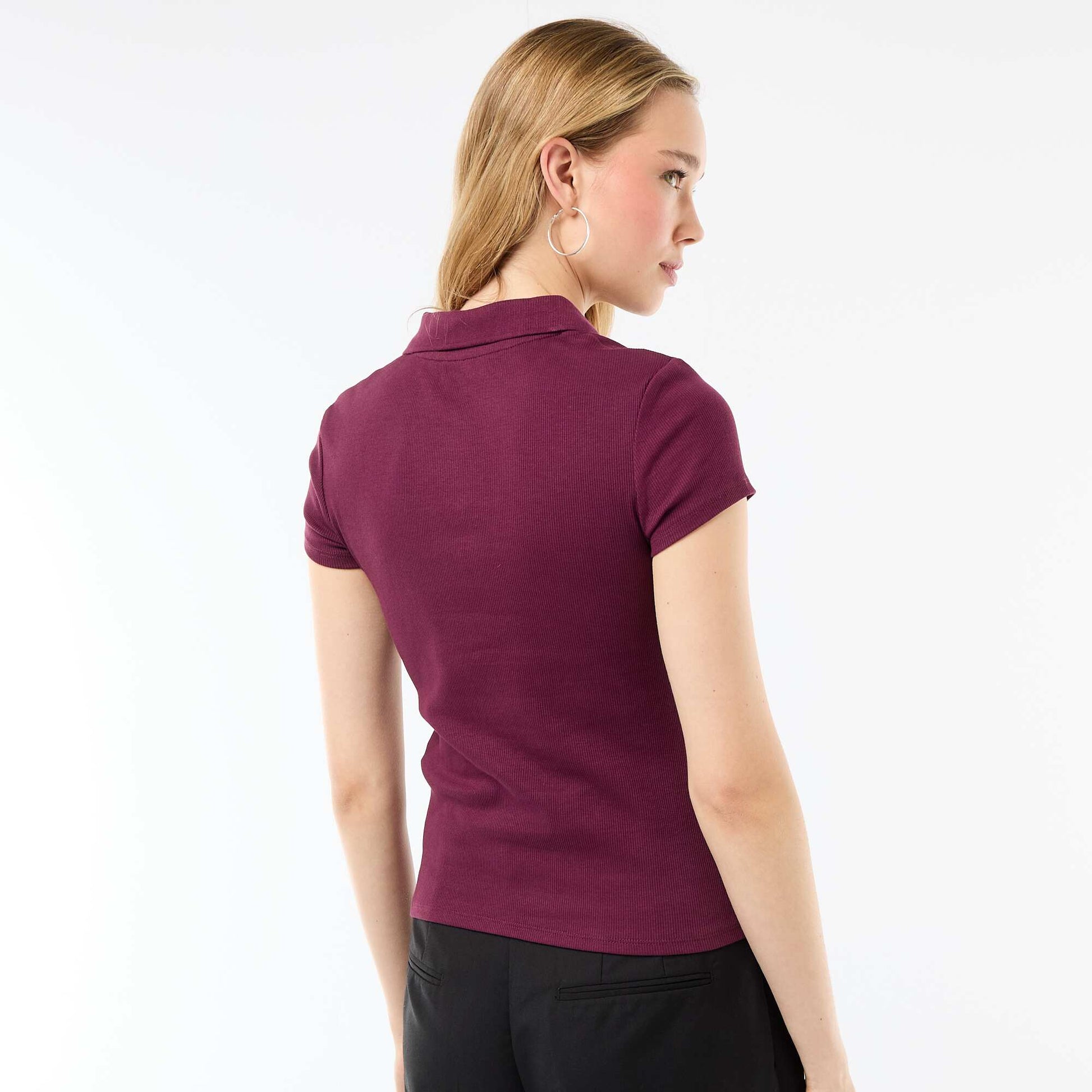 Ribbed Knit Short-Sleeve Polo Shirt PINK
