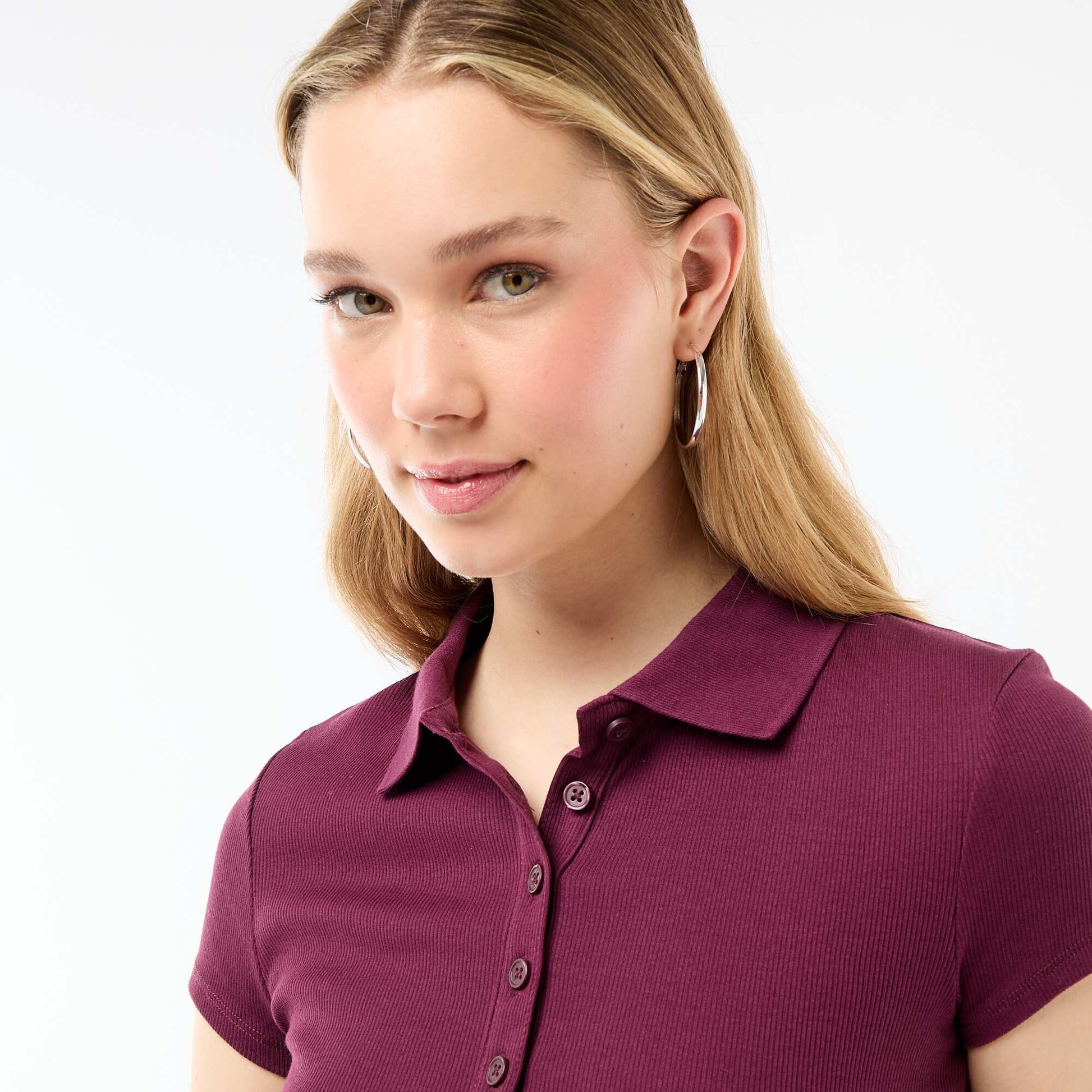 Ribbed Knit Short-Sleeve Polo Shirt PINK