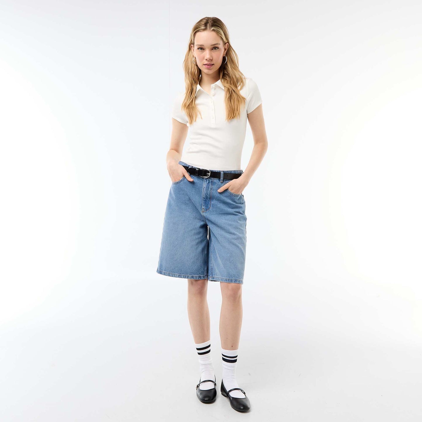 Ribbed Knit Short-Sleeve Polo Shirt WHITE