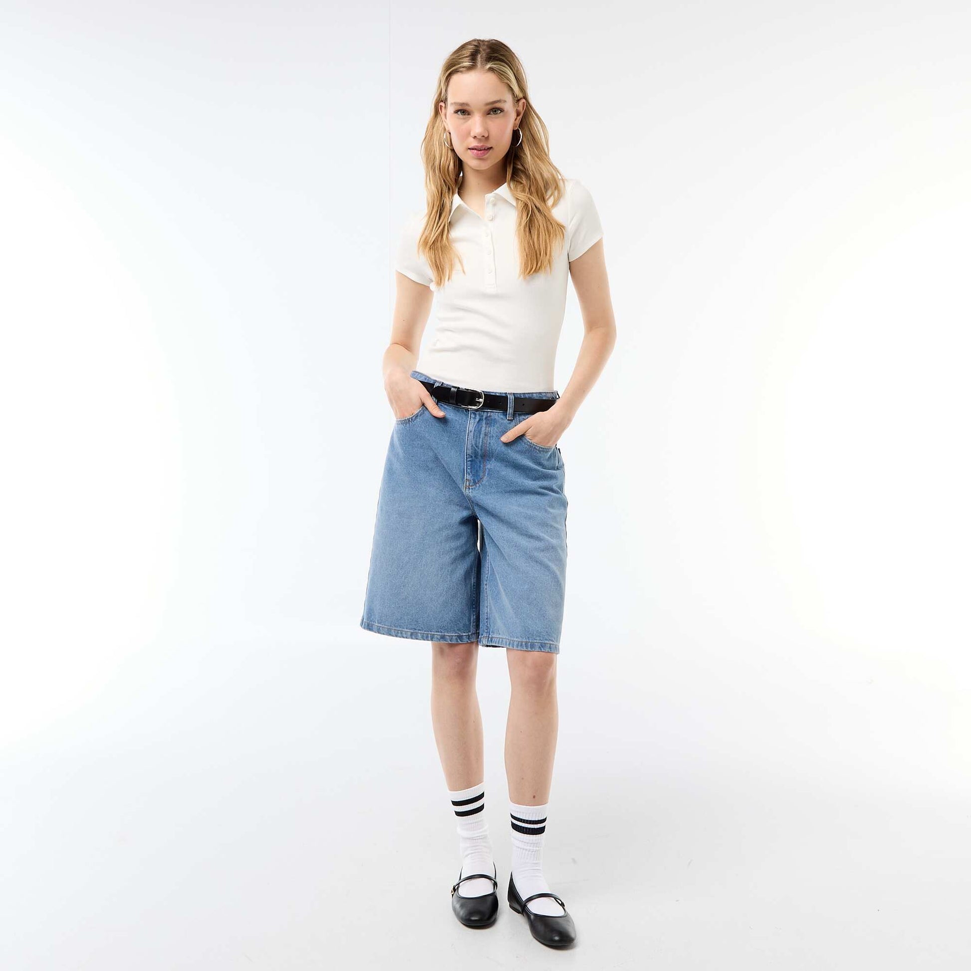 Ribbed Knit Short-Sleeve Polo Shirt WHITE