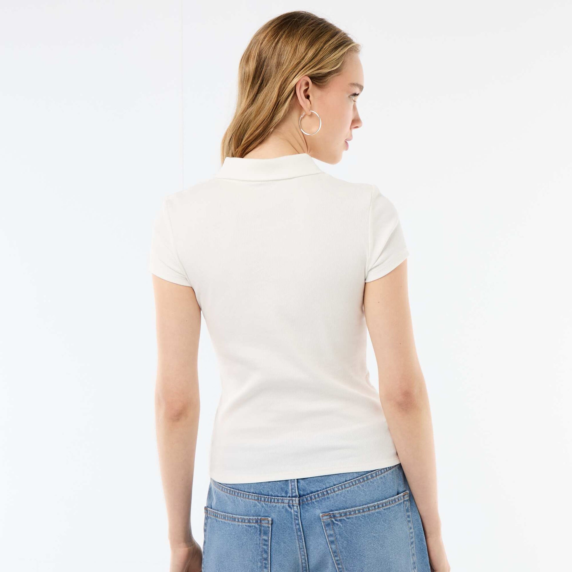Ribbed Knit Short-Sleeve Polo Shirt WHITE