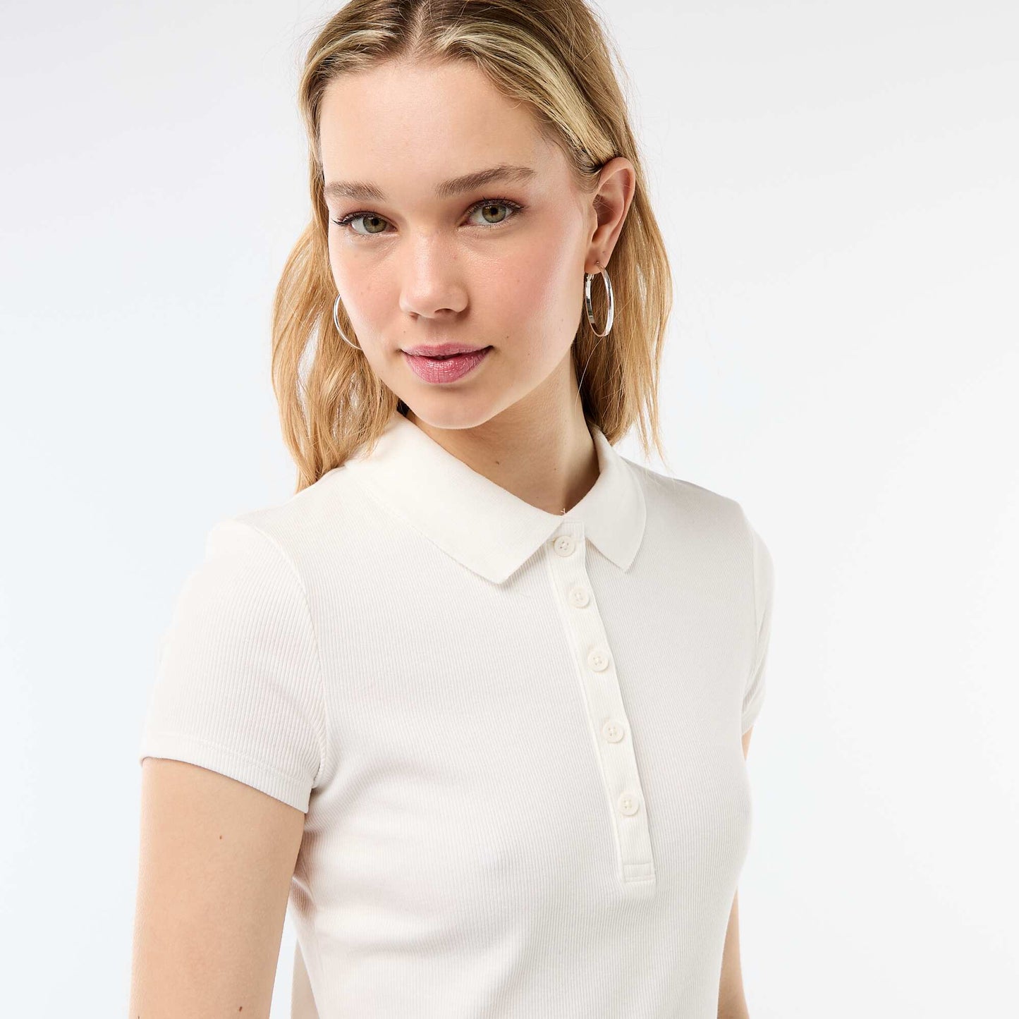 Ribbed Knit Short-Sleeve Polo Shirt WHITE