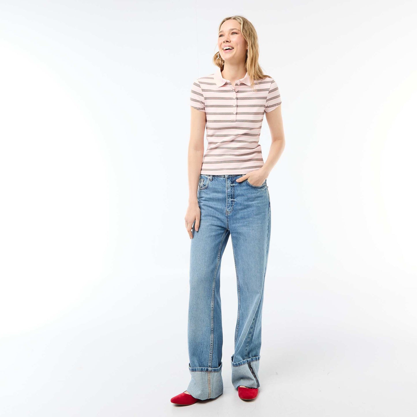 Ribbed Knit Short-Sleeve Polo Shirt PINK