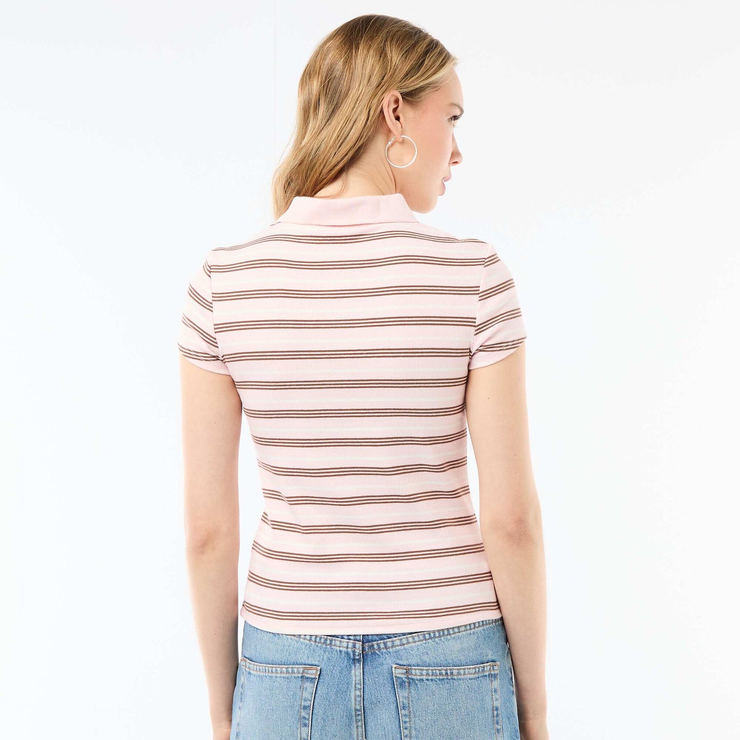 Ribbed Knit Short-Sleeve Polo Shirt PINK