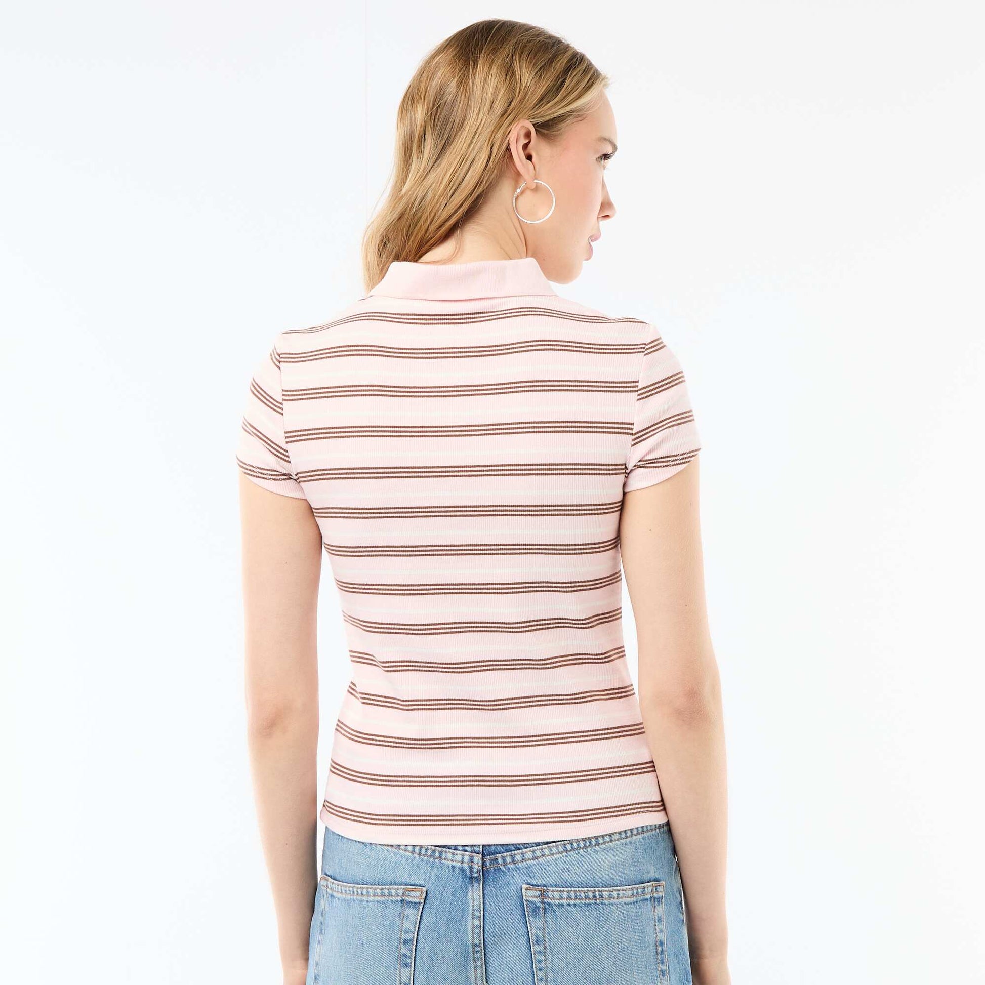 Ribbed Knit Short-Sleeve Polo Shirt PINK