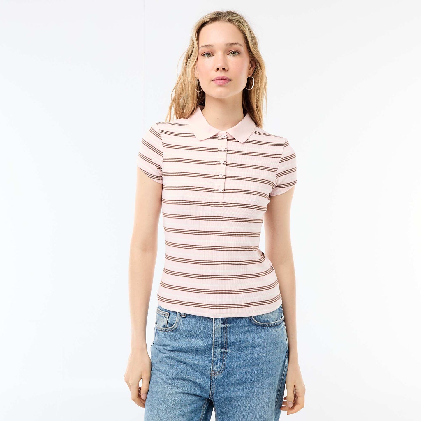 Ribbed Knit Short-Sleeve Polo Shirt PINK