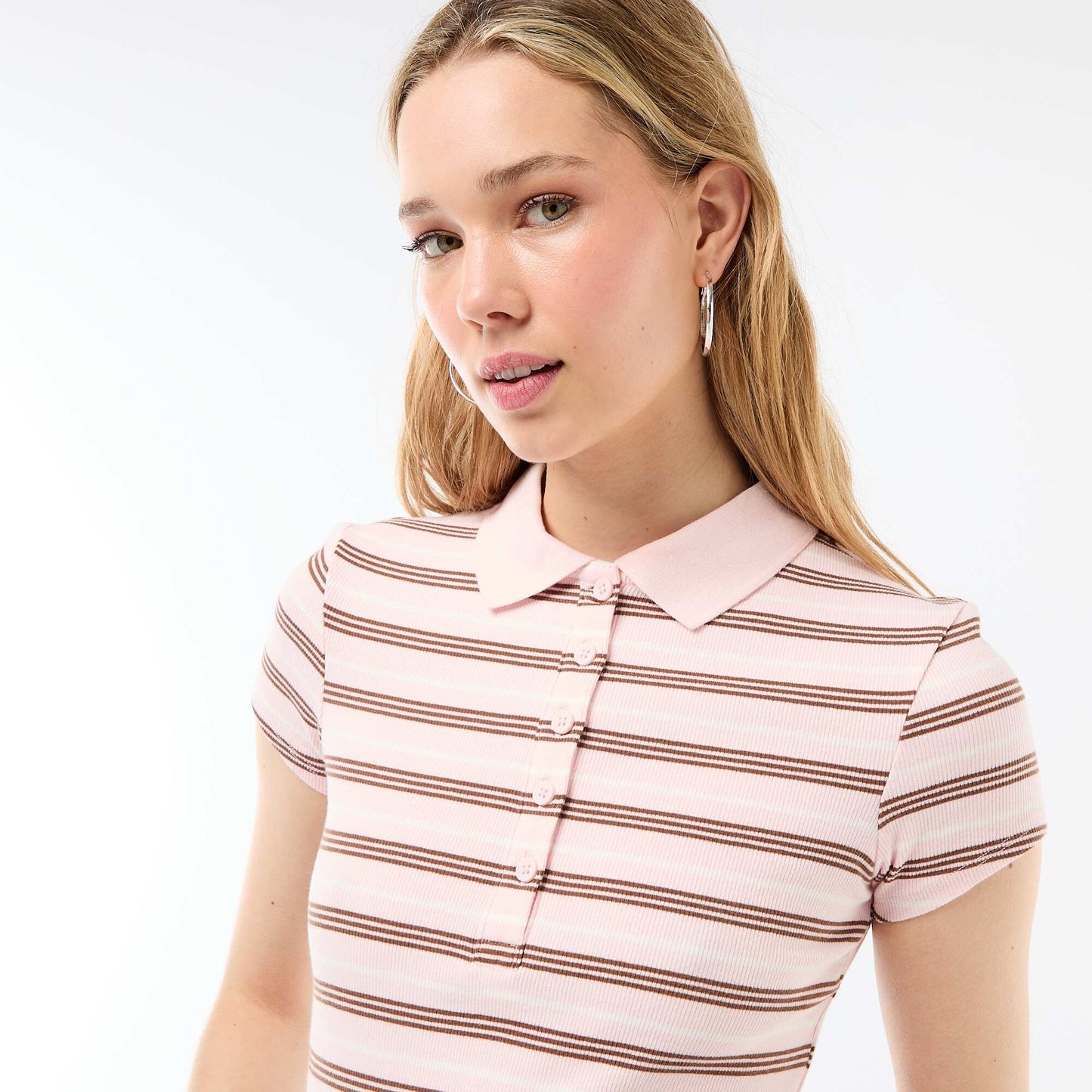 Ribbed Knit Short-Sleeve Polo Shirt PINK