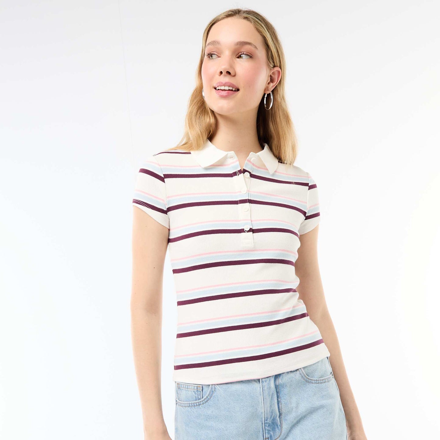 Ribbed Knit Short-Sleeve Polo Shirt WHITE