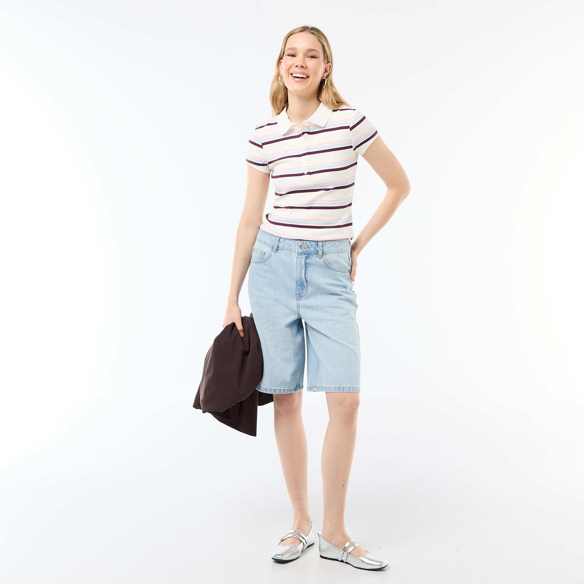 Ribbed Knit Short-Sleeve Polo Shirt WHITE