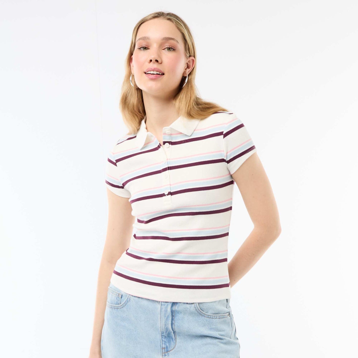 Ribbed Knit Short-Sleeve Polo Shirt WHITE
