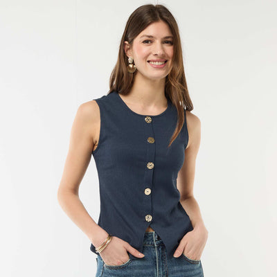 Sleeveless Top with Hammered Gold Button Opening BLUE