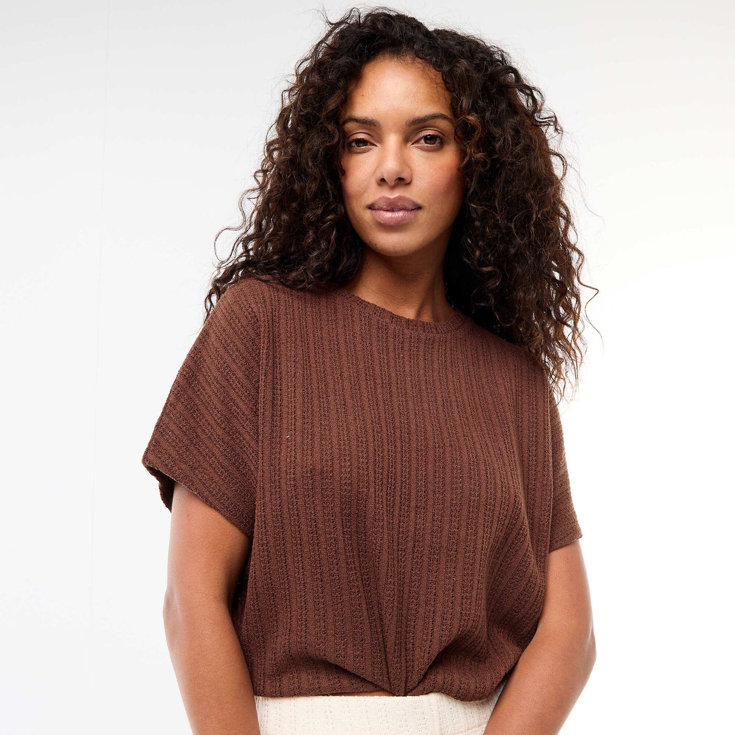 Open-Knit Short-Sleeve Sweater BROWN