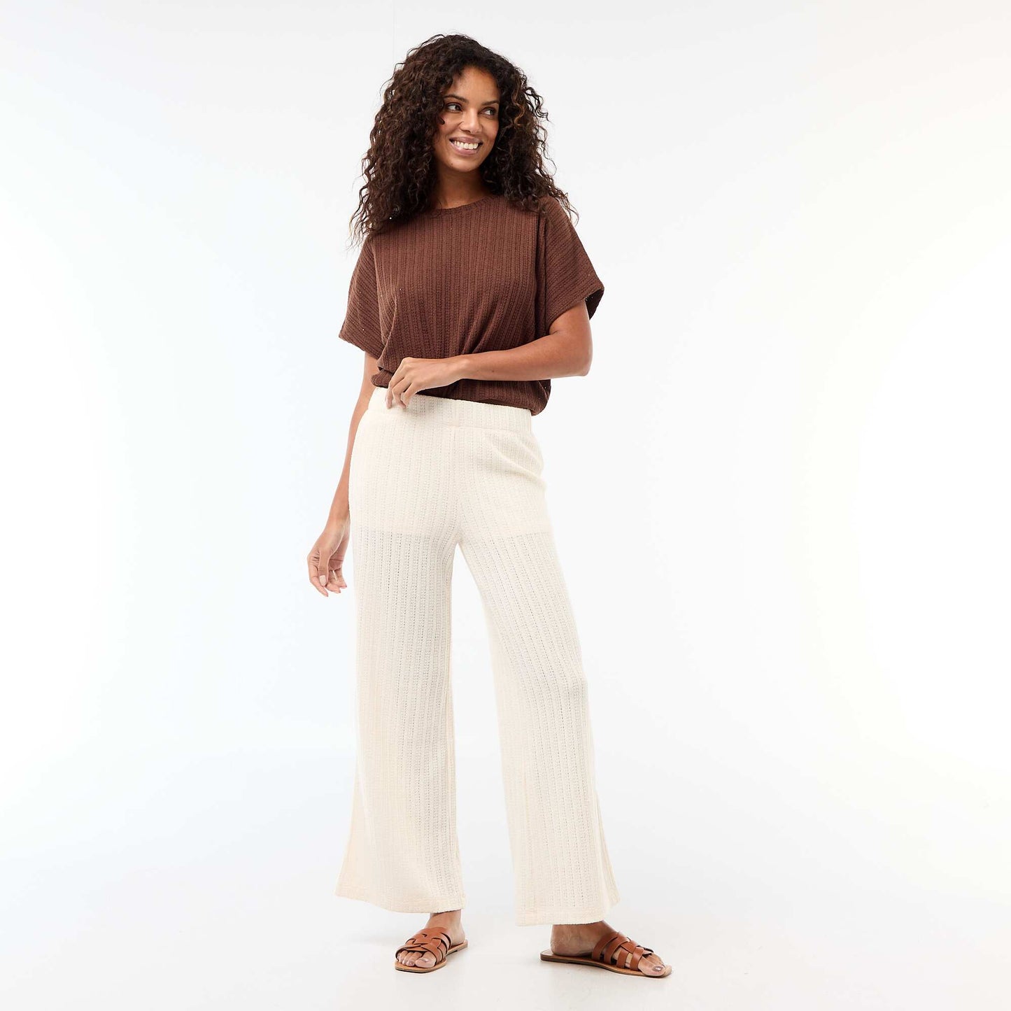 Open-Knit Short-Sleeve Sweater BROWN