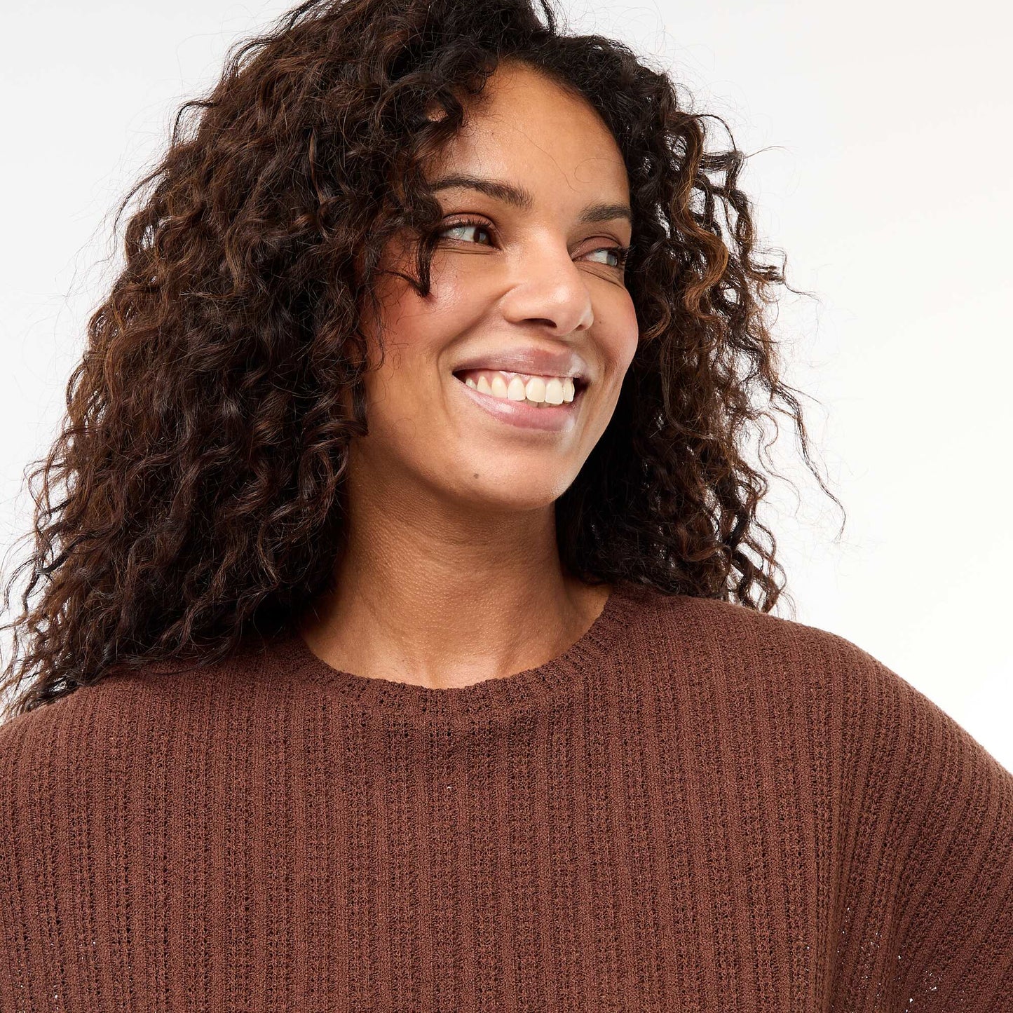 Open-Knit Short-Sleeve Sweater BROWN