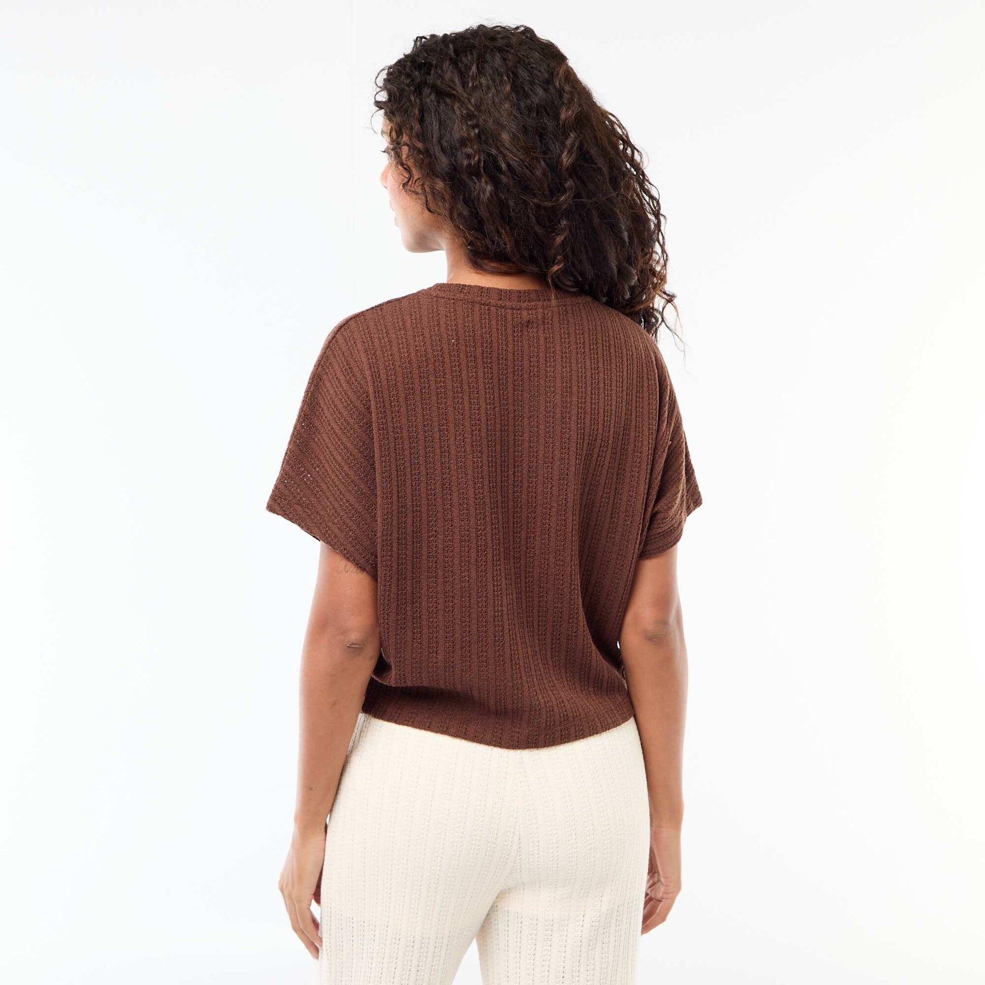 Open-Knit Short-Sleeve Sweater BROWN
