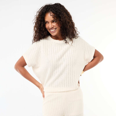 Open-Knit Short-Sleeve Sweater WHITE