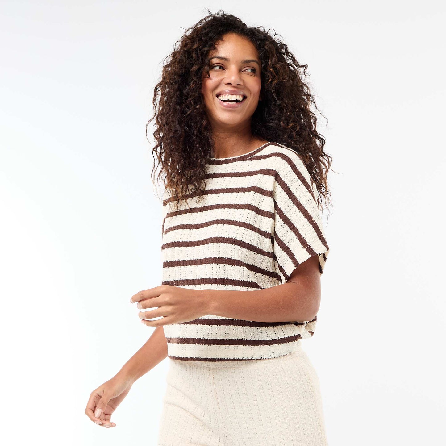 Open-Knit Short-Sleeve Sweater BEIGE