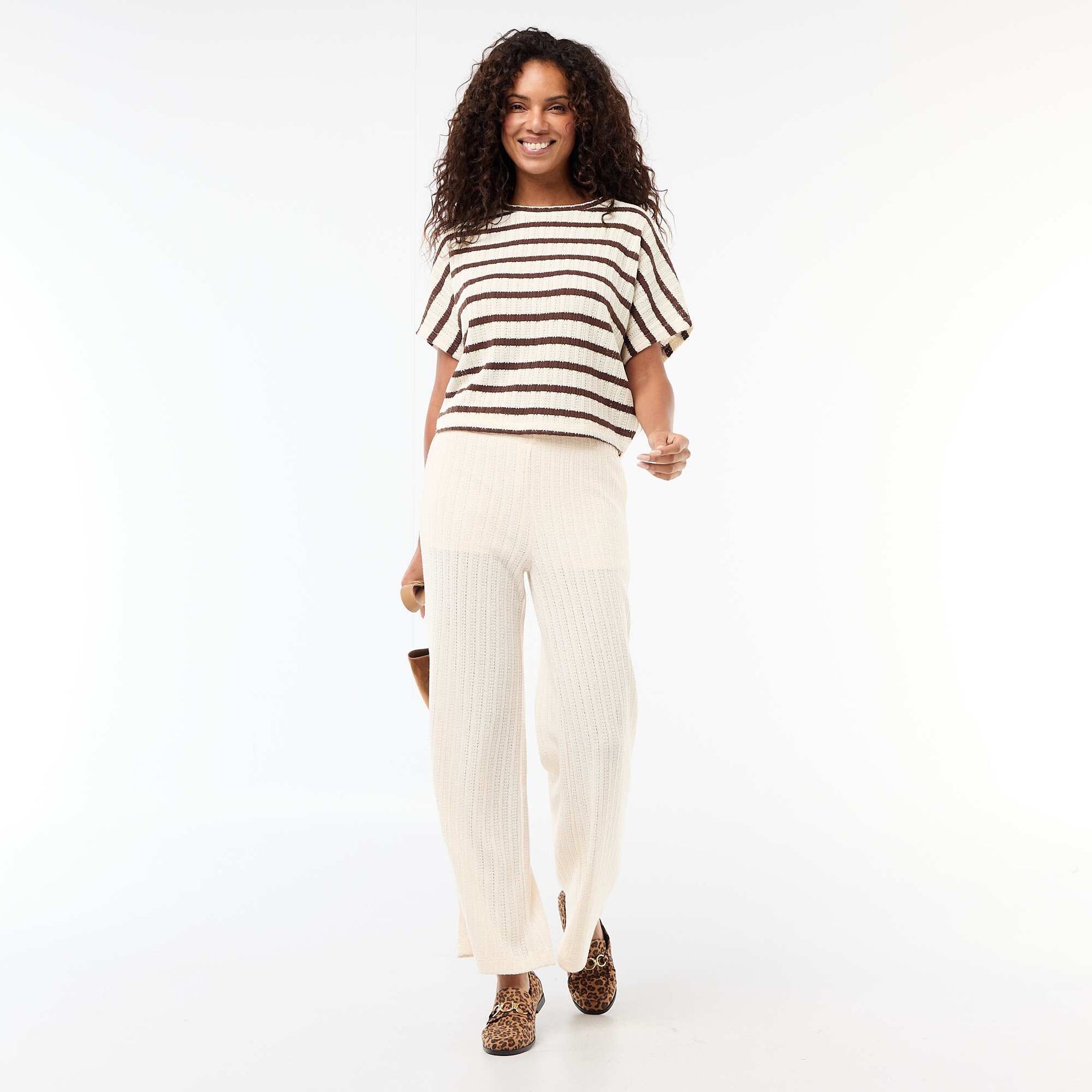 Open-Knit Short-Sleeve Sweater BEIGE