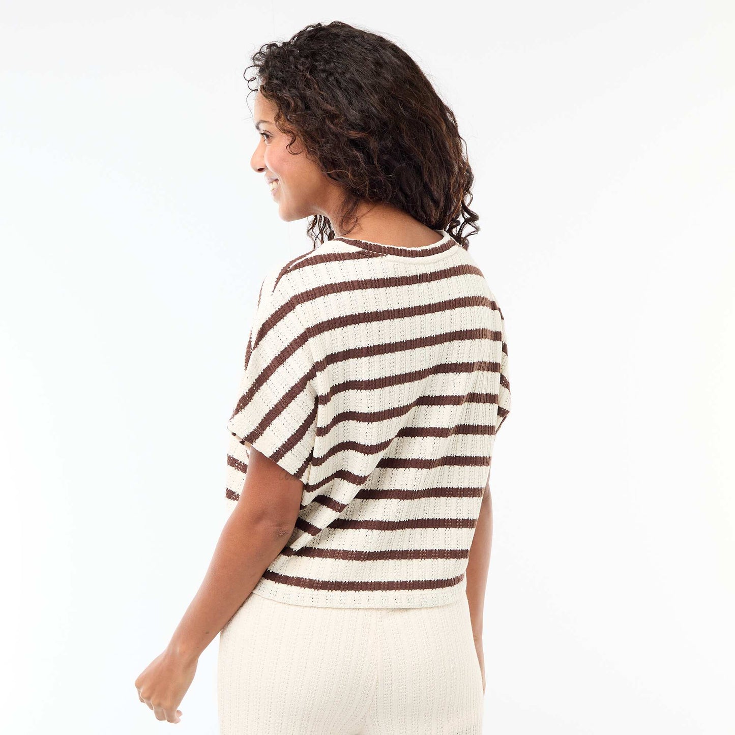 Open-Knit Short-Sleeve Sweater BEIGE