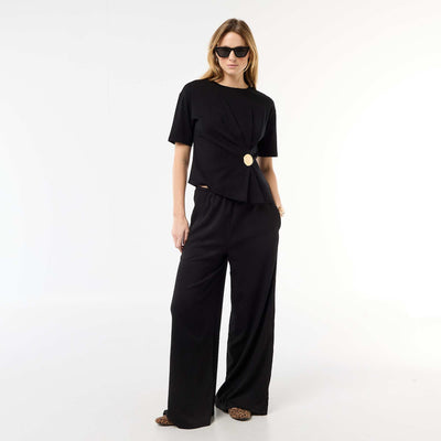 Wide-Leg Crêpe Trousers with 2 Pockets BLACK