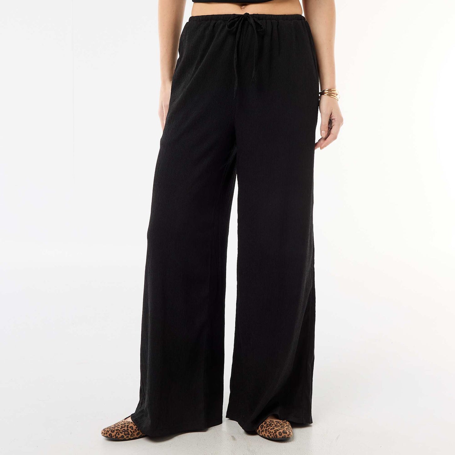 Wide-Leg Crêpe Trousers with 2 Pockets BLACK