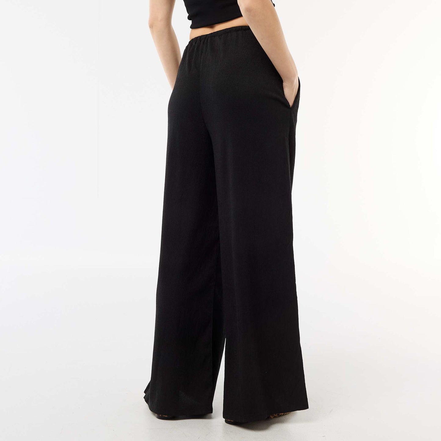 Wide-Leg Crêpe Trousers with 2 Pockets BLACK