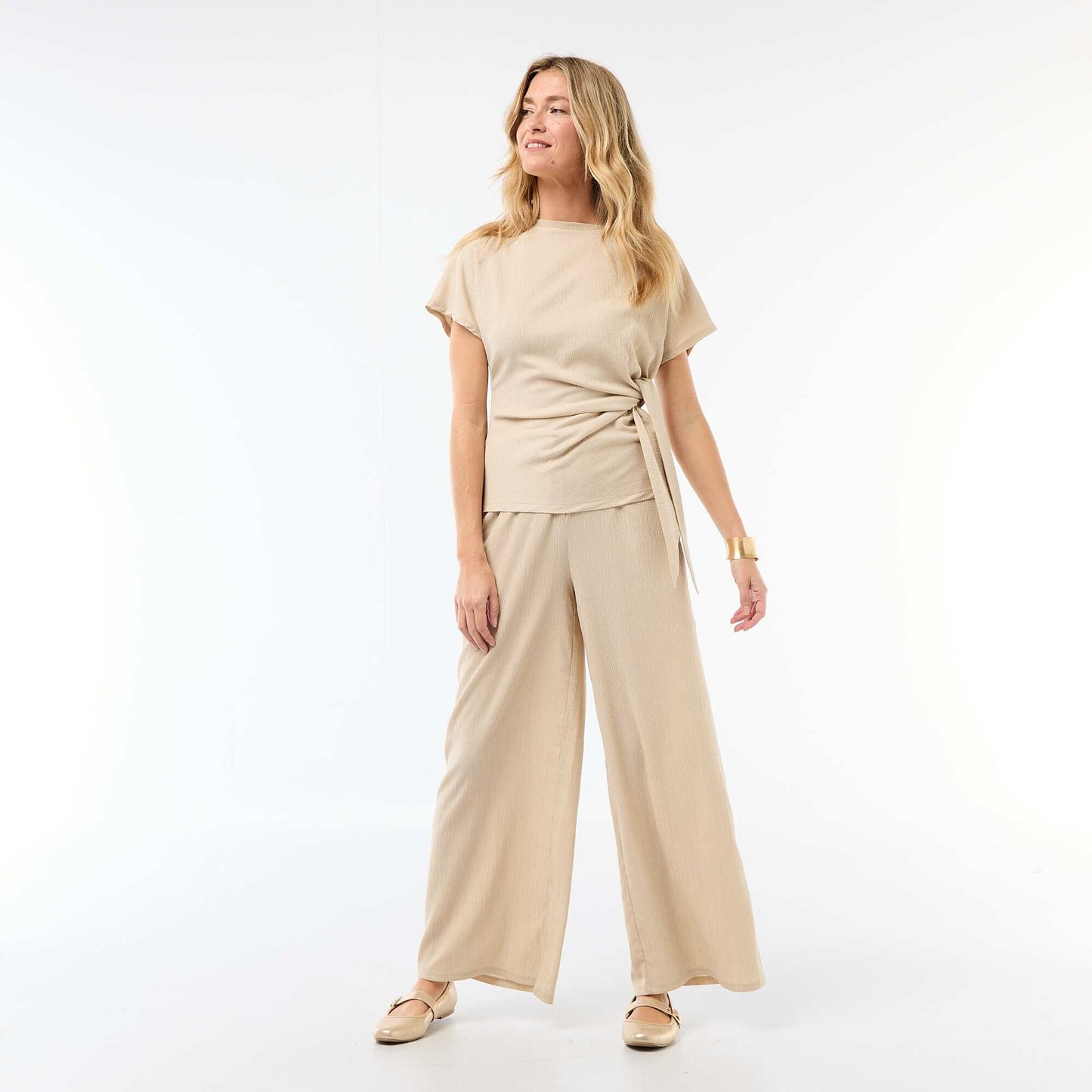 Wide-Leg Crêpe Trousers with 2 Pockets BEIGE