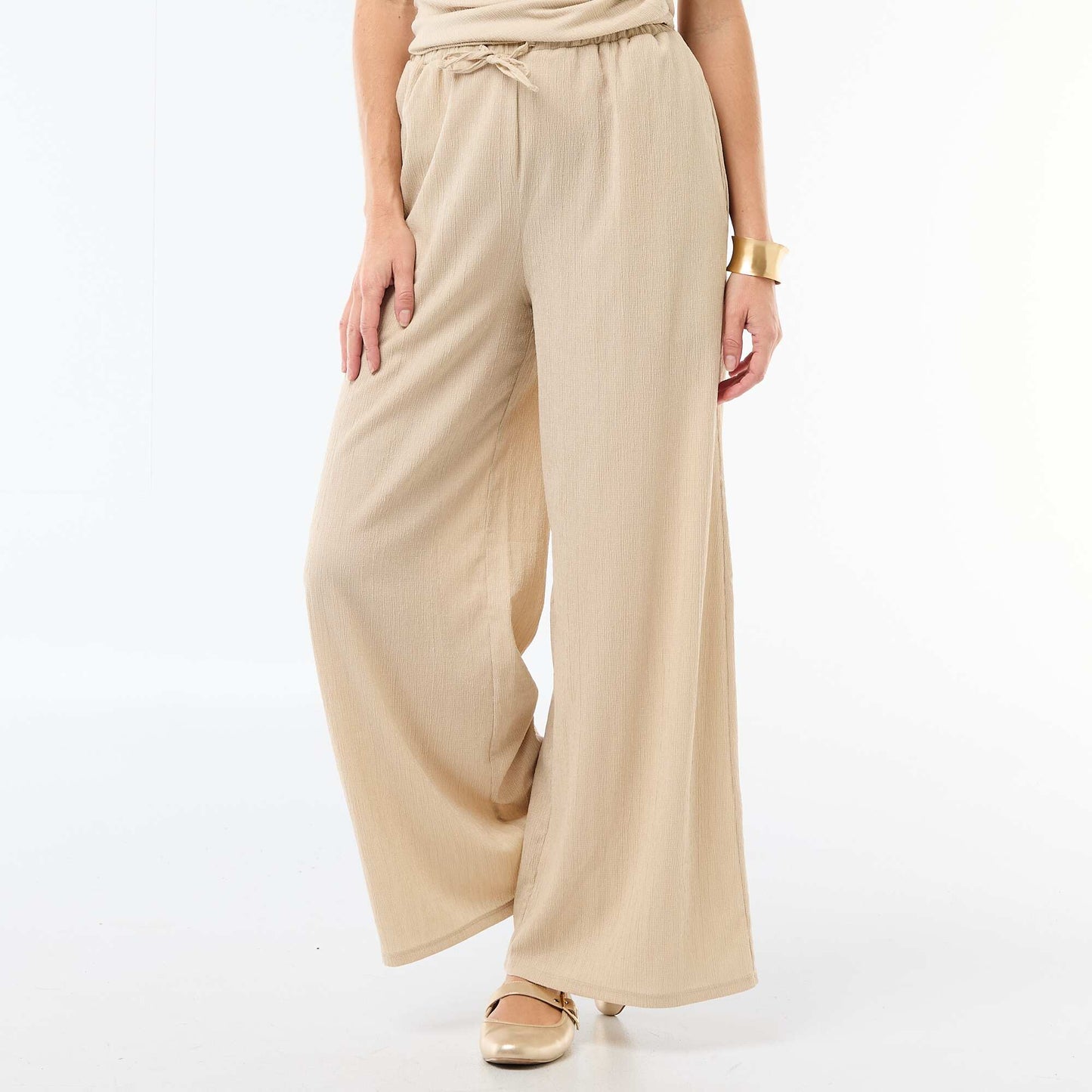 Wide-Leg Crêpe Trousers with 2 Pockets BEIGE