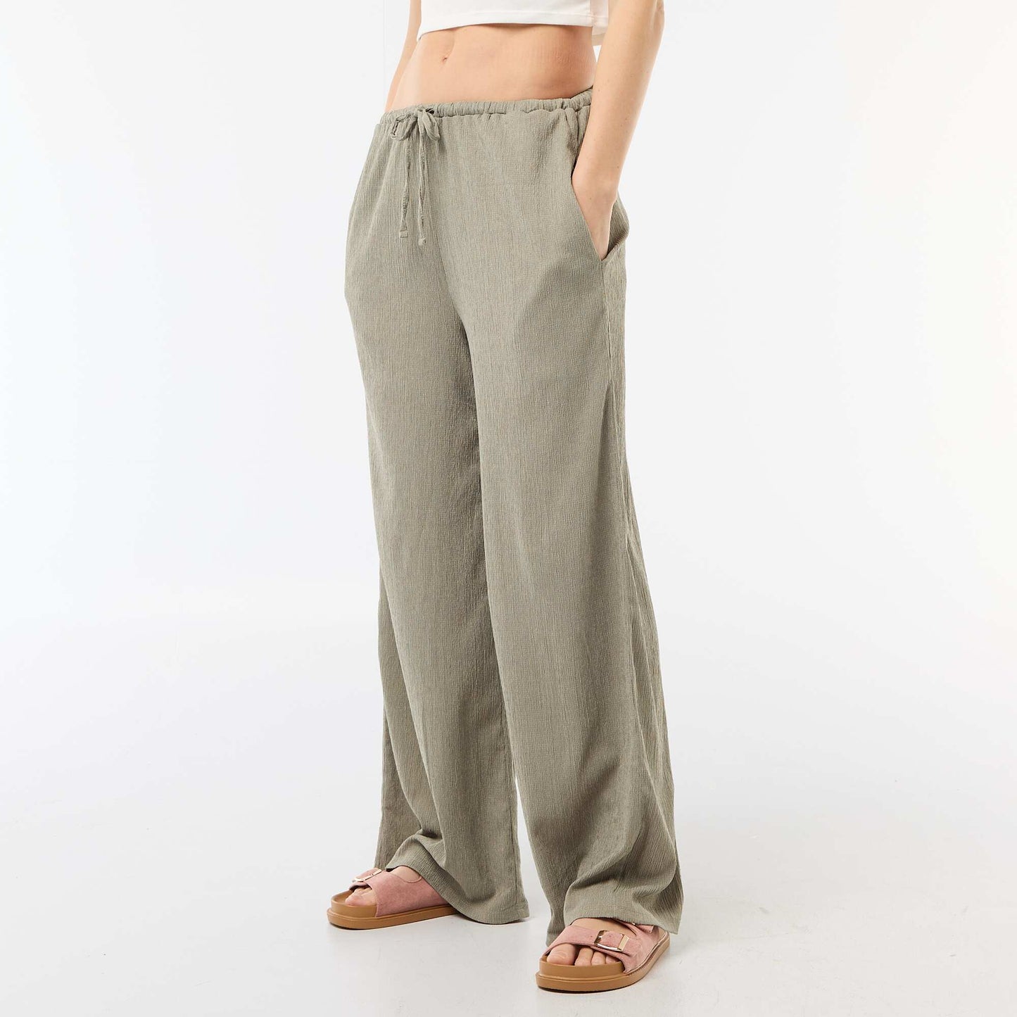 Wide-Leg Crêpe Trousers with 2 Pockets GREEN