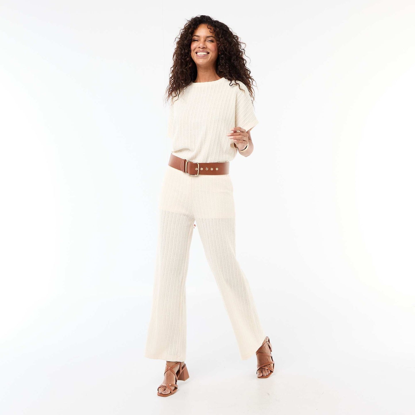Wide-leg open-knit trousers WHITE