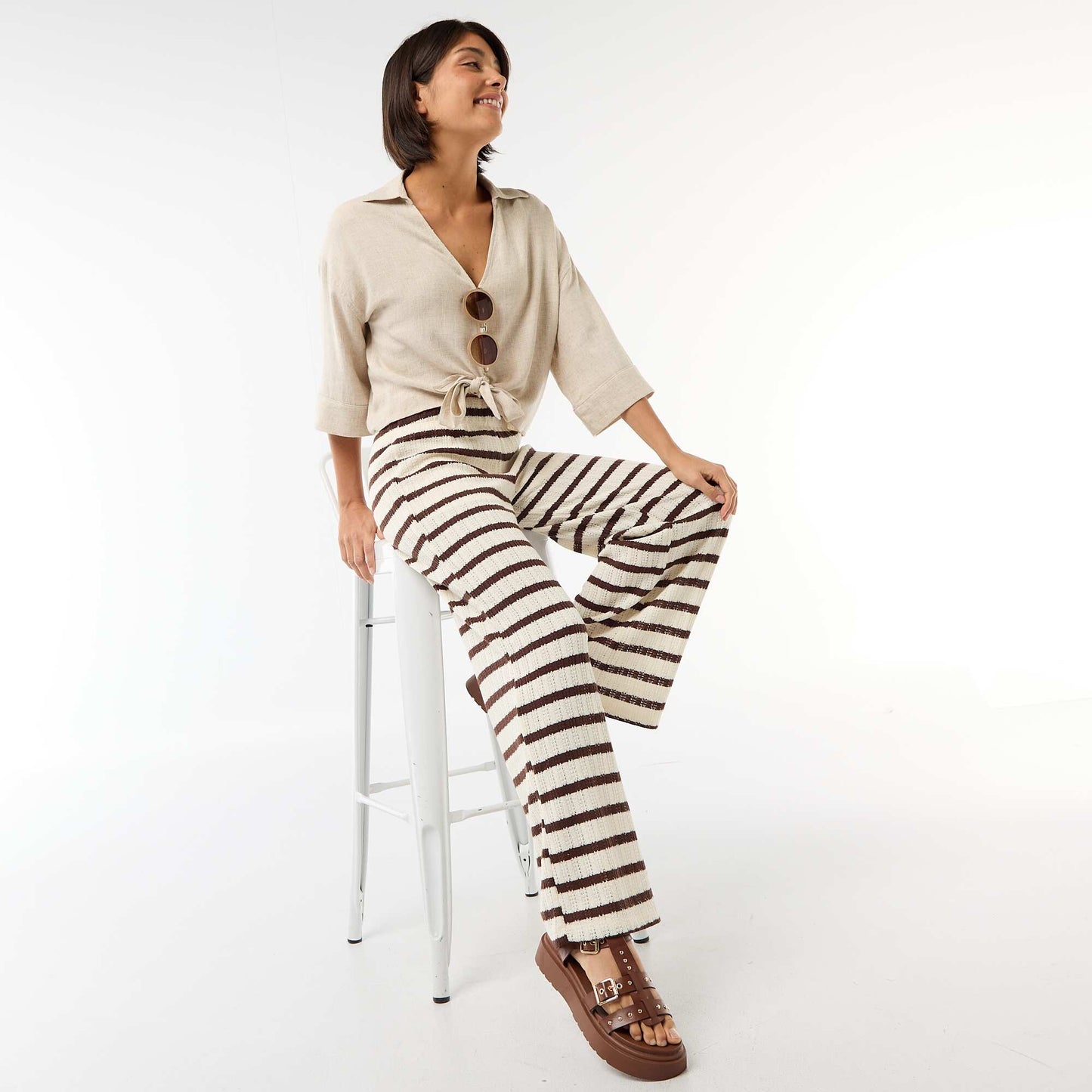 Wide-leg open-knit trousers BEIGE