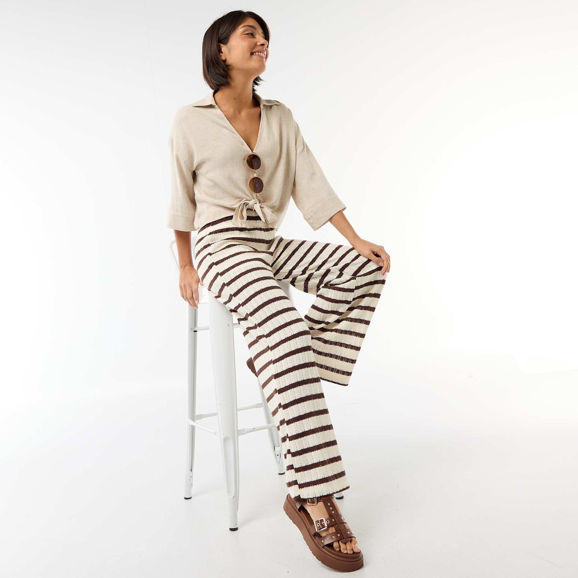Wide-leg open-knit trousers BEIGE