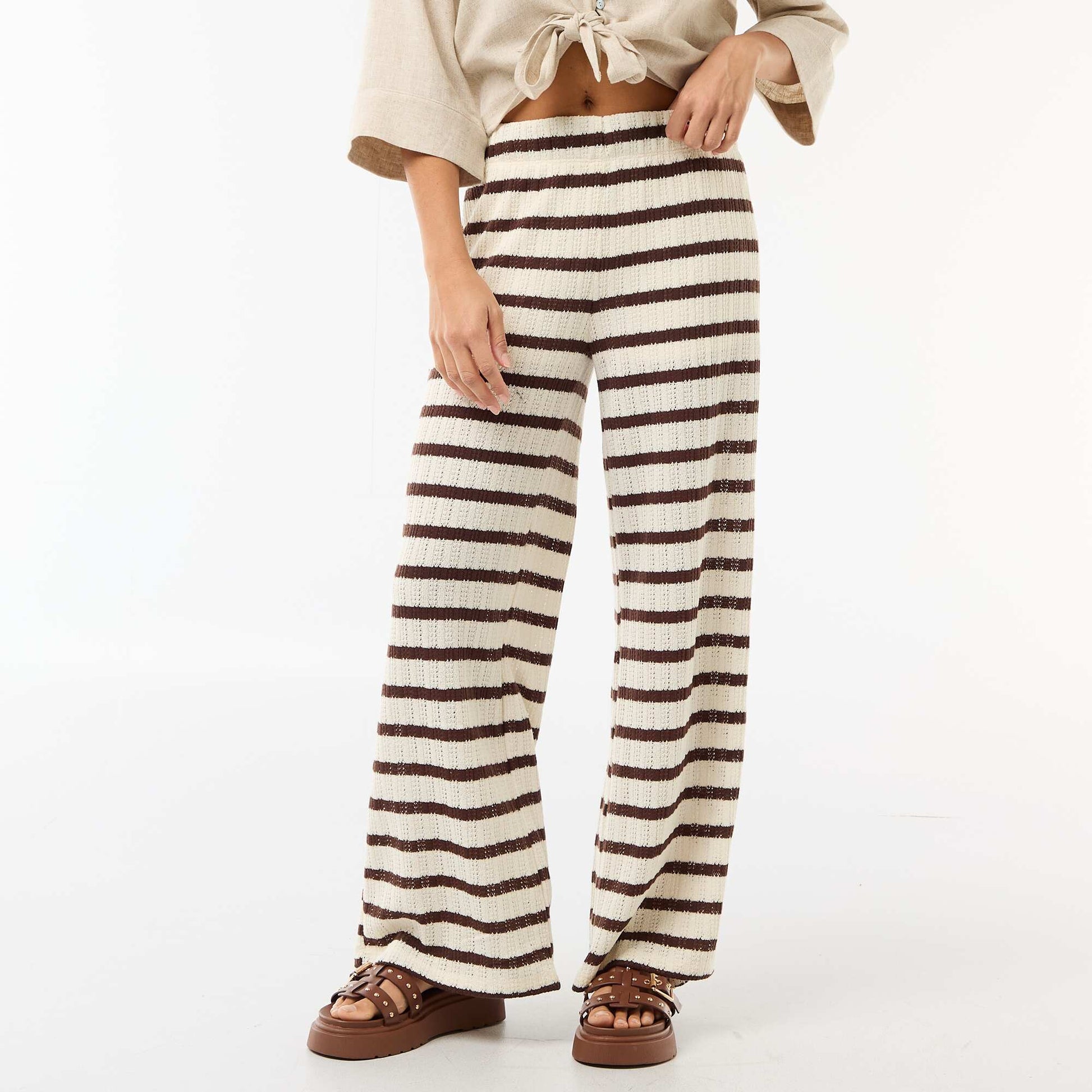 Wide-leg open-knit trousers BEIGE