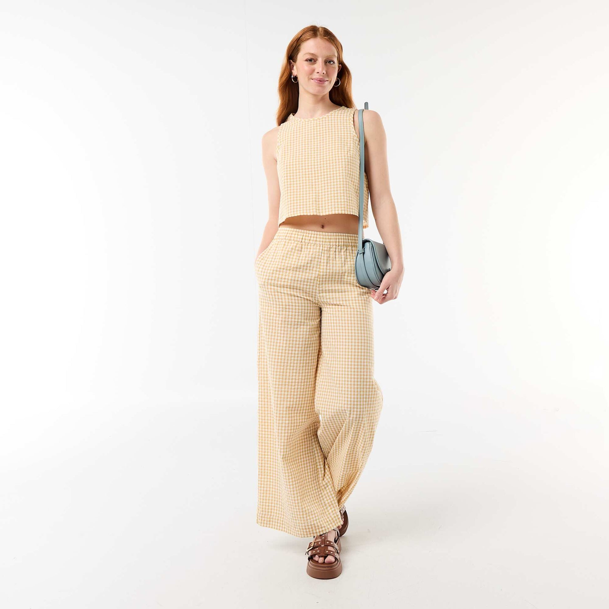 Gingham Wide-Leg Trousers BEIGE