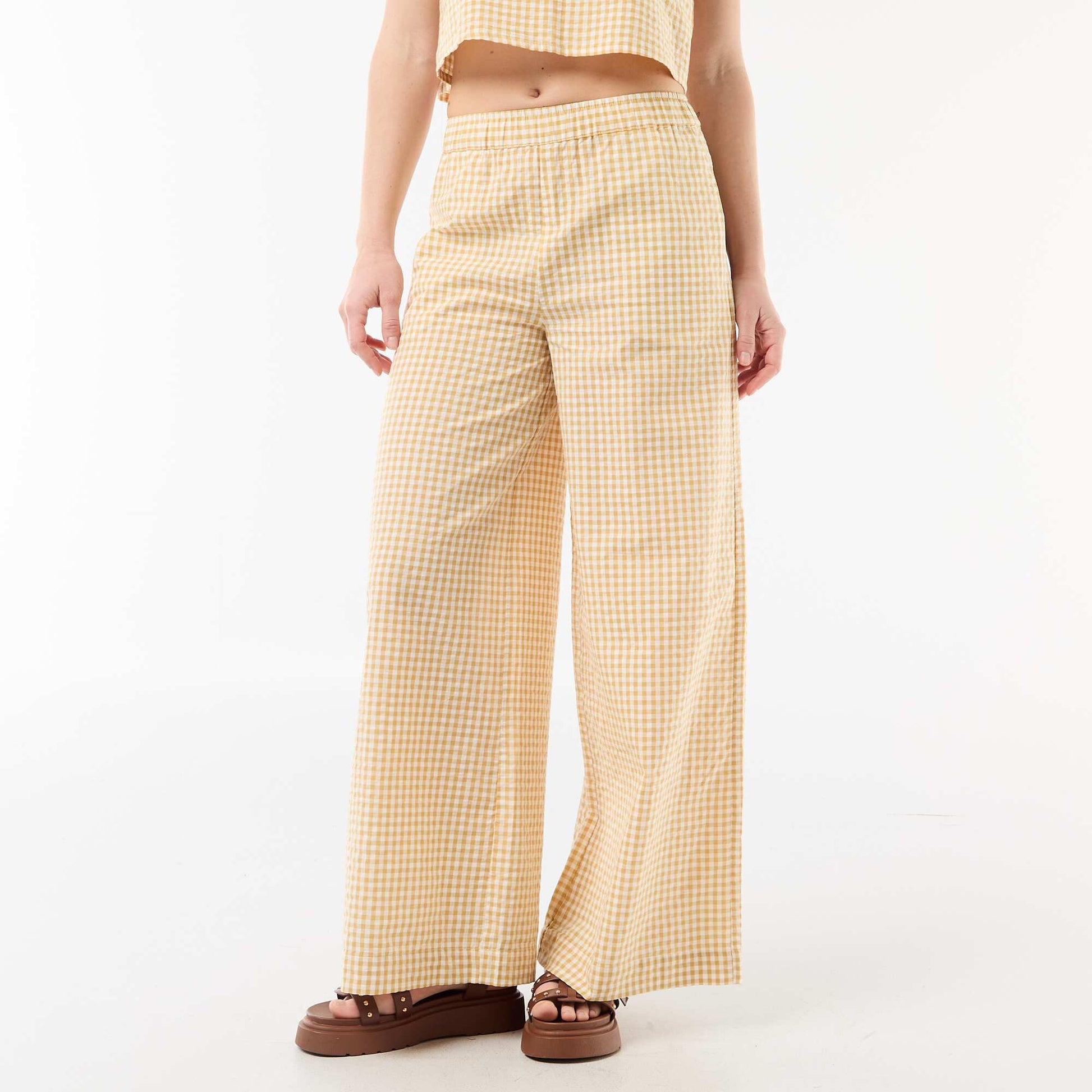 Gingham Wide-Leg Trousers BEIGE
