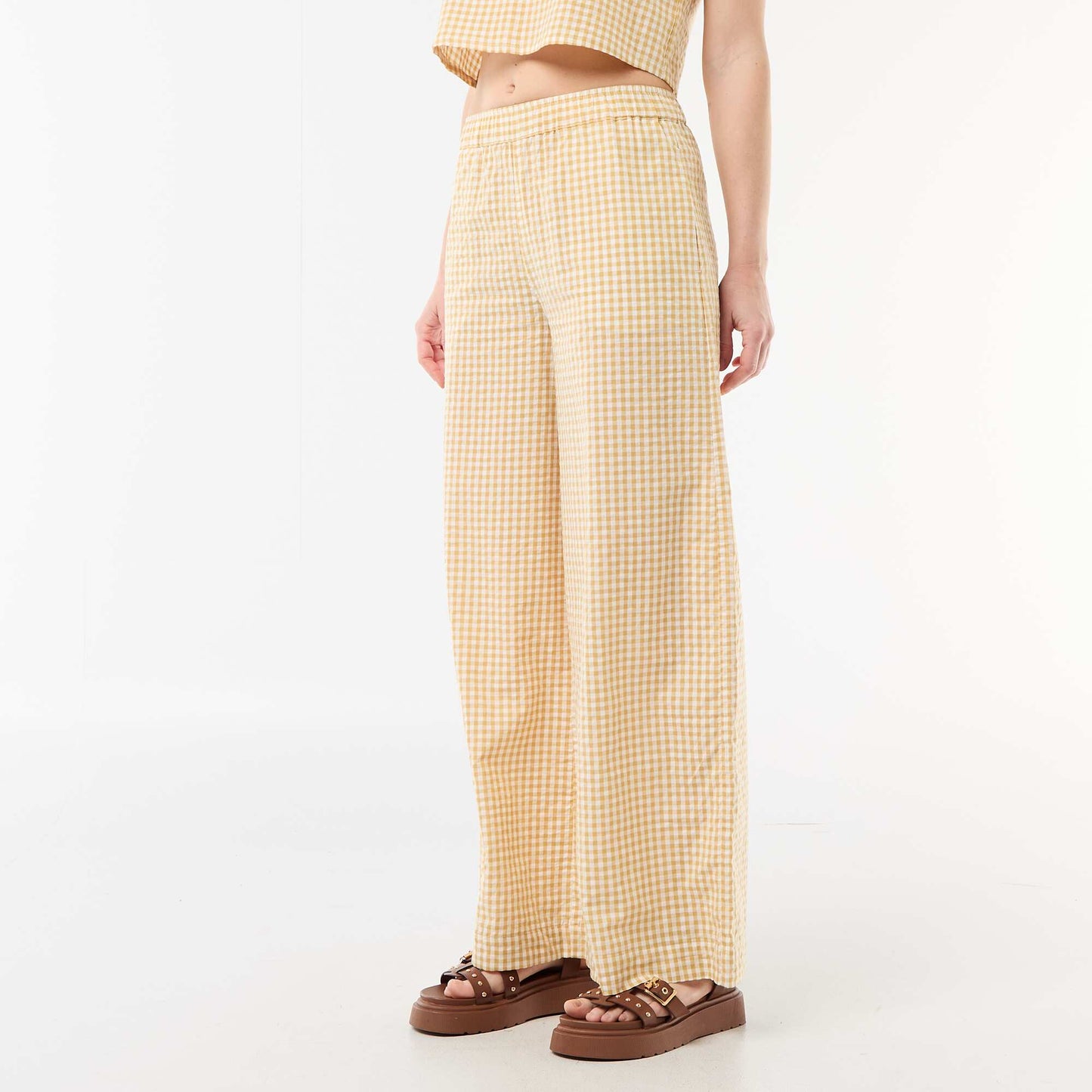 Gingham Wide-Leg Trousers BEIGE