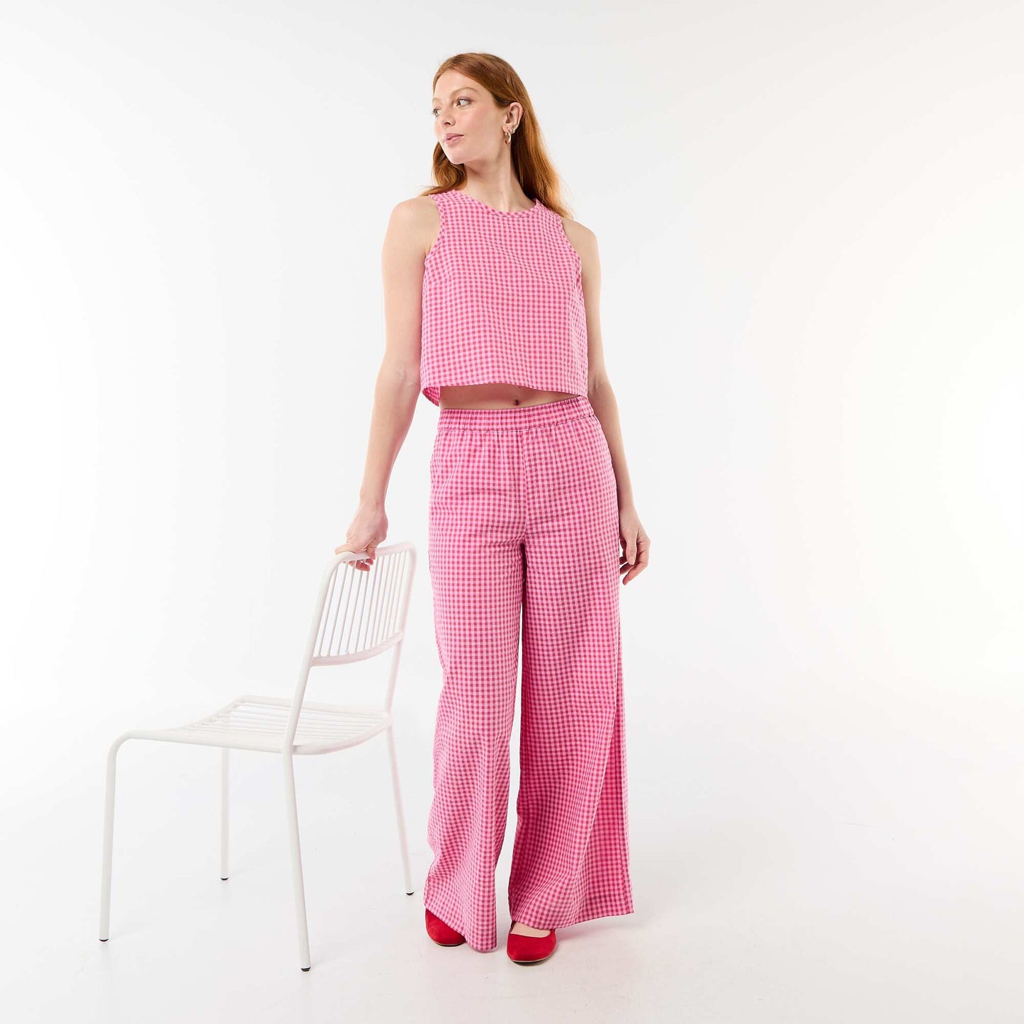 Gingham Wide-Leg Trousers PINK