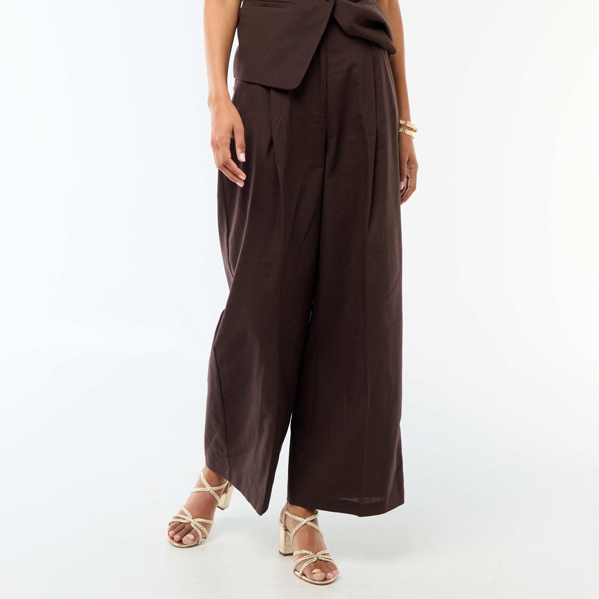 Wide-Leg Linen Blend Occasion Trousers BROWN