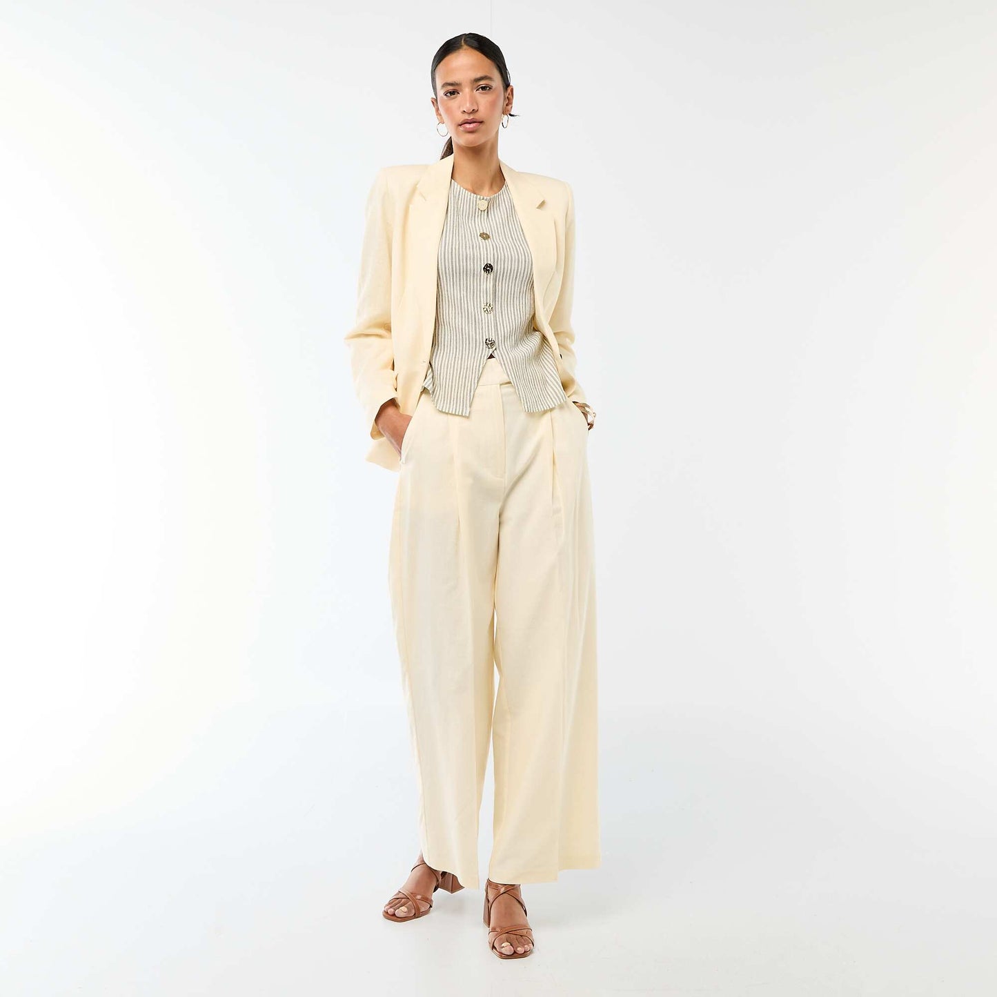 Wide-Leg Linen Blend Occasion Trousers BEIGE
