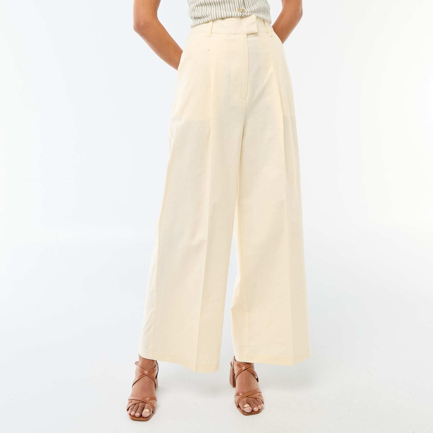 Wide-Leg Linen Blend Occasion Trousers BEIGE