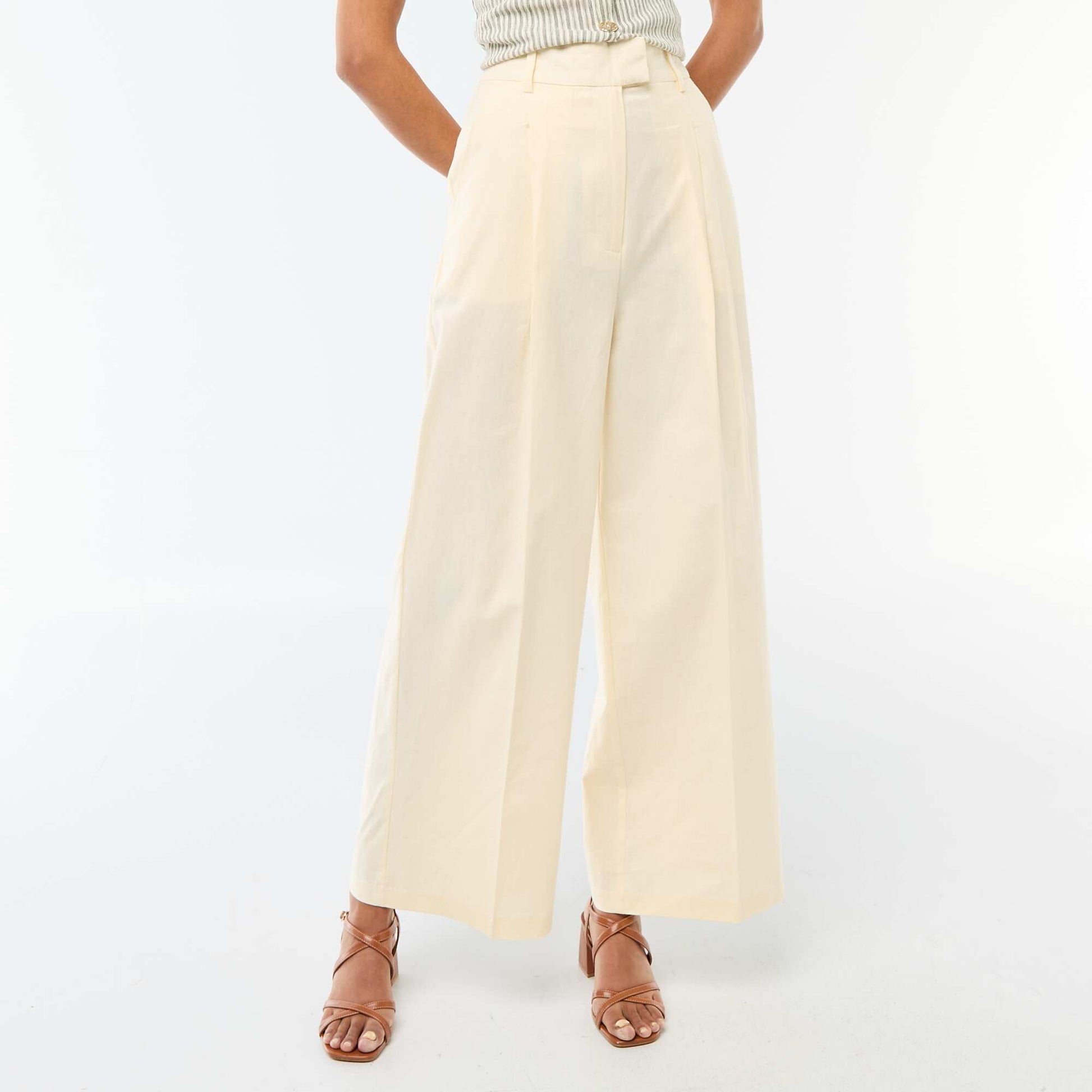 Wide-Leg Linen Blend Occasion Trousers BEIGE