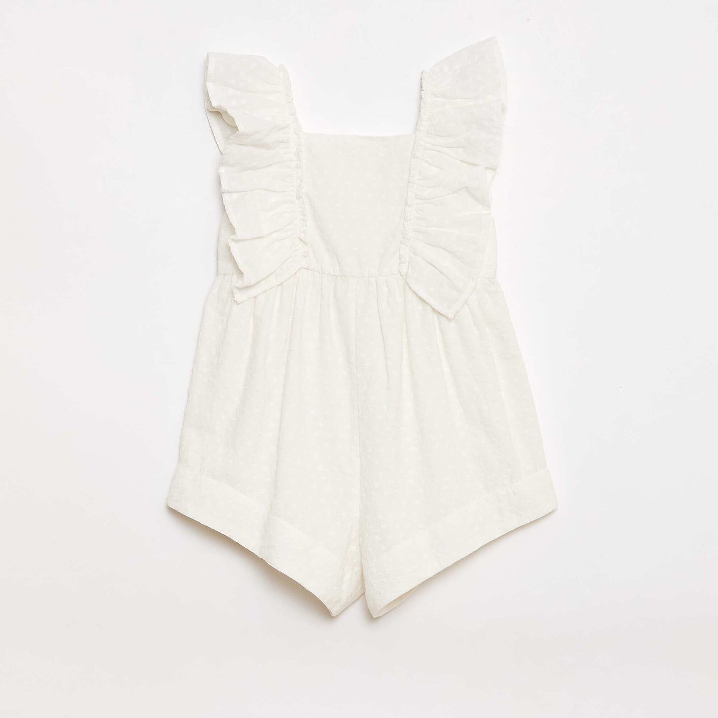 Sleeveless Short Romper with Eyelet Embroidery and Ruffles BEIGE