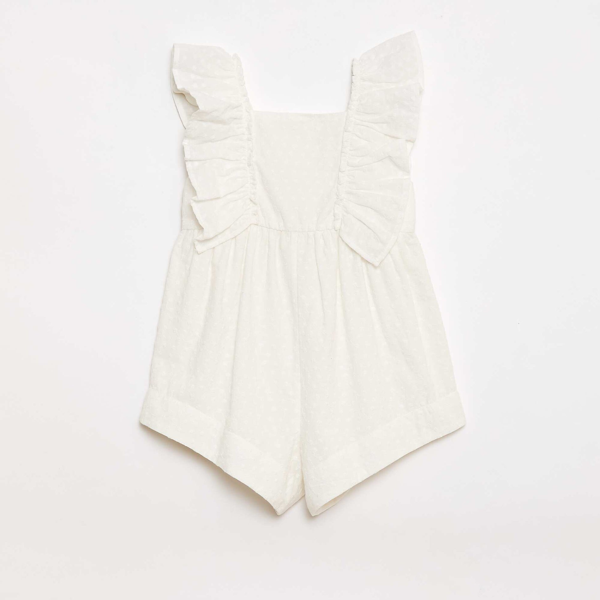 Sleeveless Short Romper with Eyelet Embroidery and Ruffles BEIGE