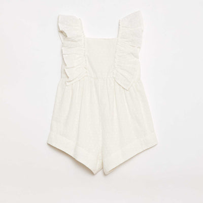 Sleeveless Short Romper with Eyelet Embroidery and Ruffles BEIGE