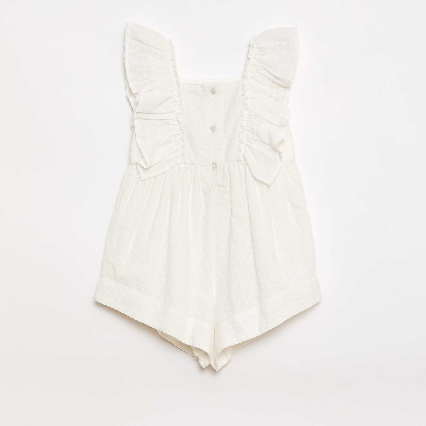 Sleeveless Short Romper with Eyelet Embroidery and Ruffles BEIGE