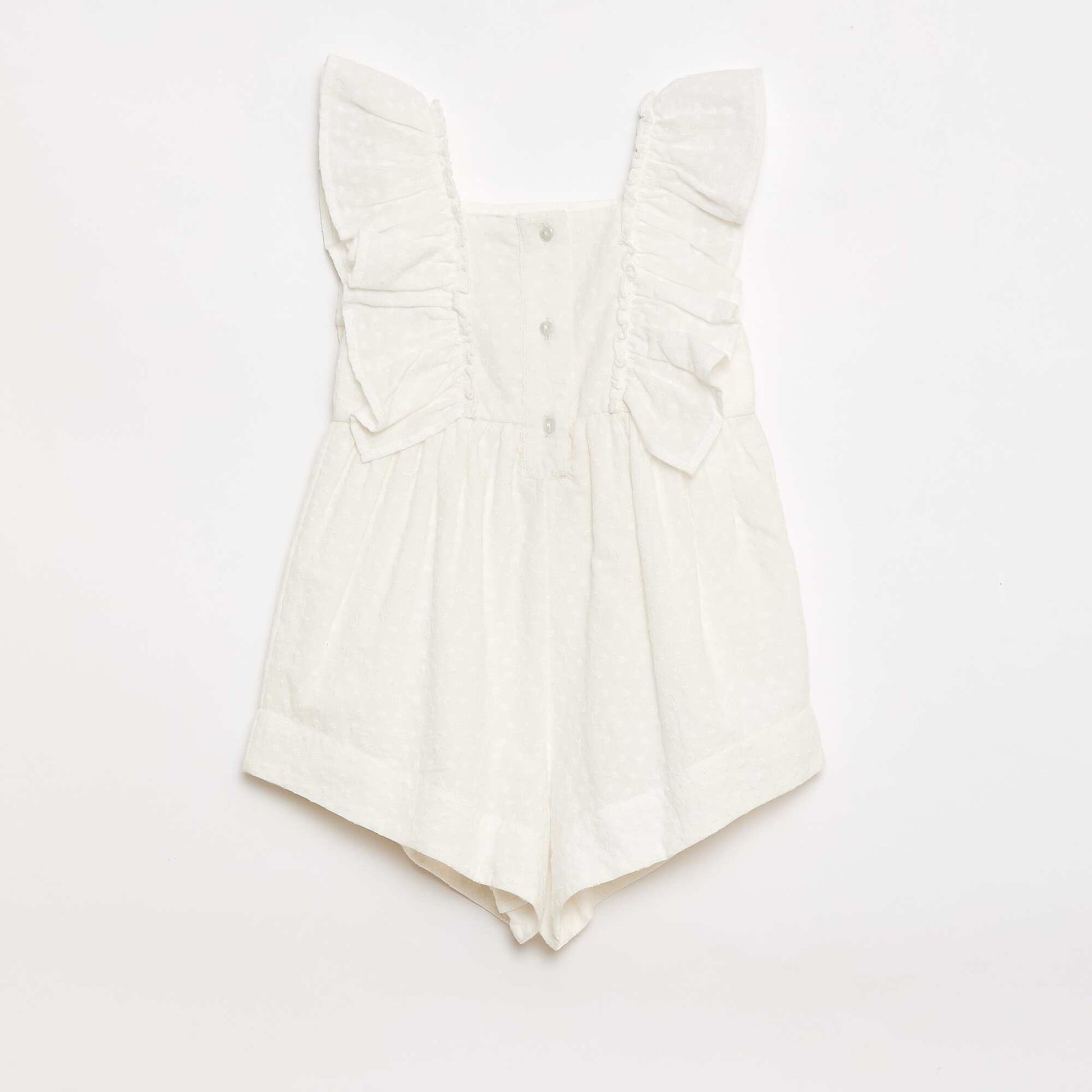 Sleeveless Short Romper with Eyelet Embroidery and Ruffles BEIGE